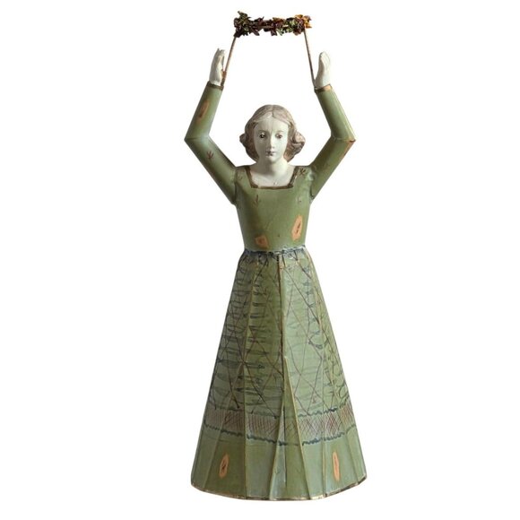 Vtg Spanish Colonial Santos Cage Doll Art Figurine of Woman Holding a Wreath 6' - Picture 1 of 9